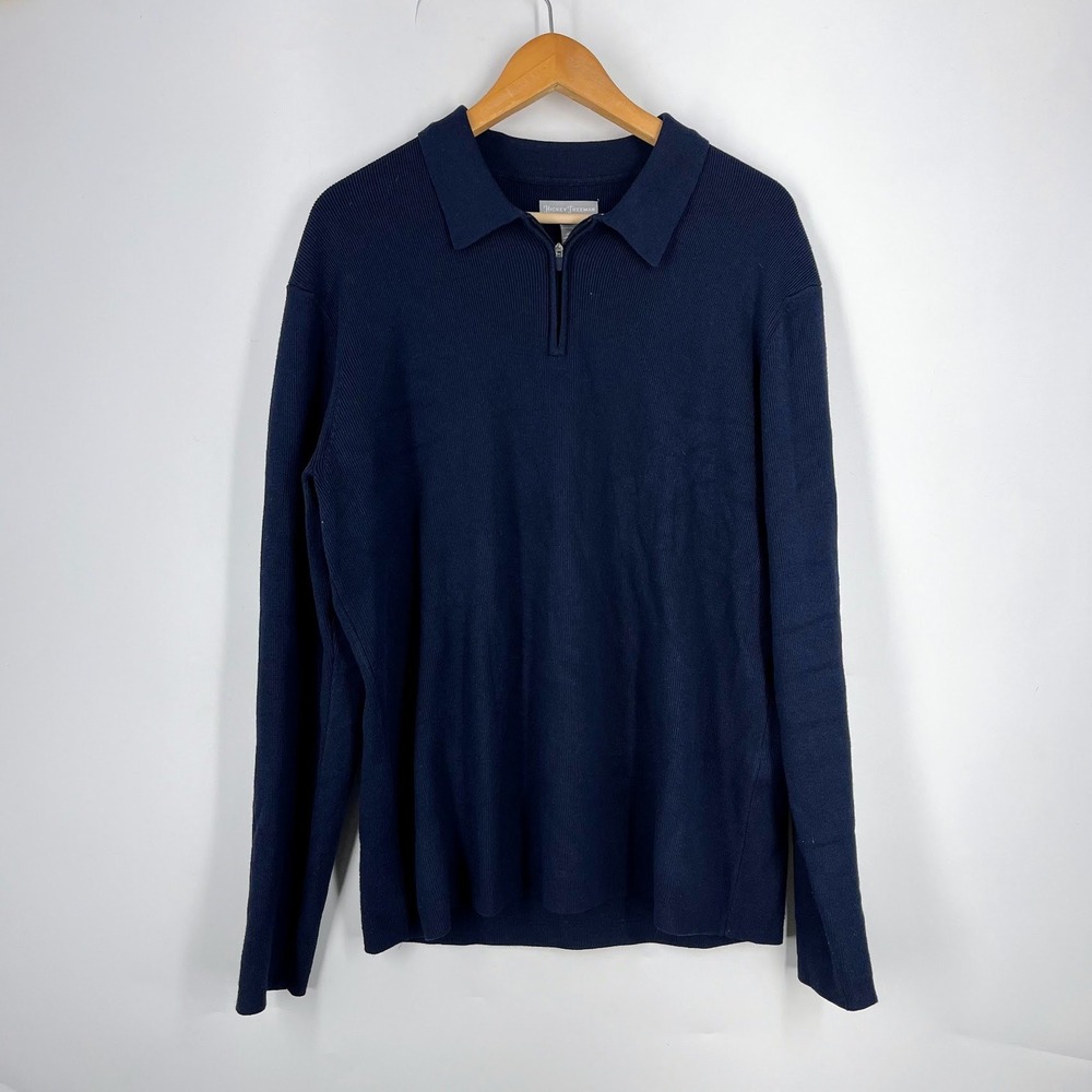 Hickey Freeman Mens‎ Navy Ribbed Quarter Zip Long Sleeve Polo Sweater Size M